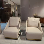 Beige Leather Sofa Set with Natural Marble Inlay, Gold Foil Embossing & Drawstring Craftsmanship